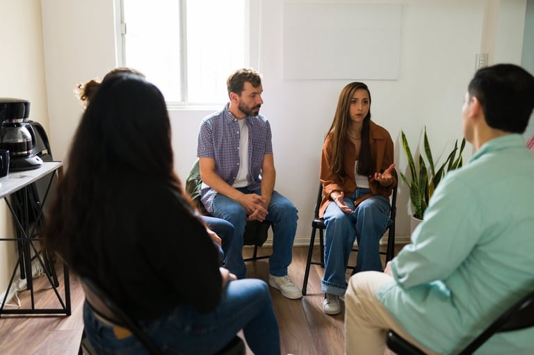 Young woman sharing experiences in mental health therapy group discussing addiction, grief, and emotional support