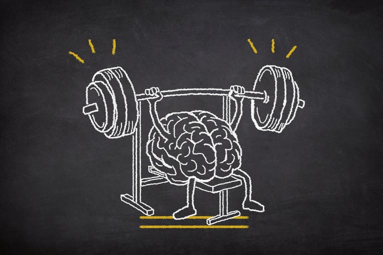 Brain exercise. Human brain lifting weights. Cognitive development concept.