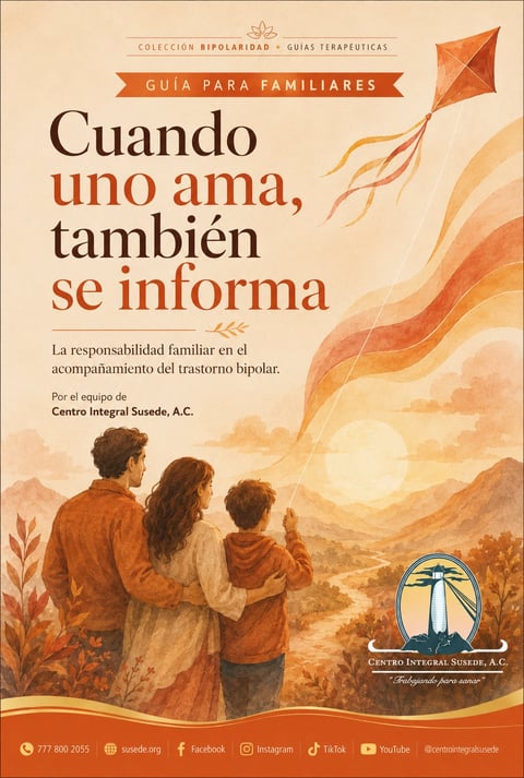 Spanish family guide book cover showing adults and child flying a kite with sunset background, titled Cuando uno ama tambien se informa