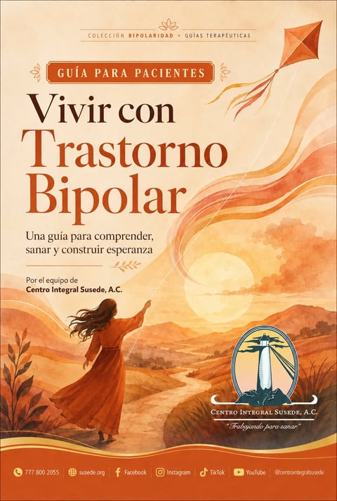 Book cover Vivir con Trastorno Bipolar - A patient guide about understanding and managing bipolar disorder, featuring an illustrated woman flying a kite in a desert landscape
