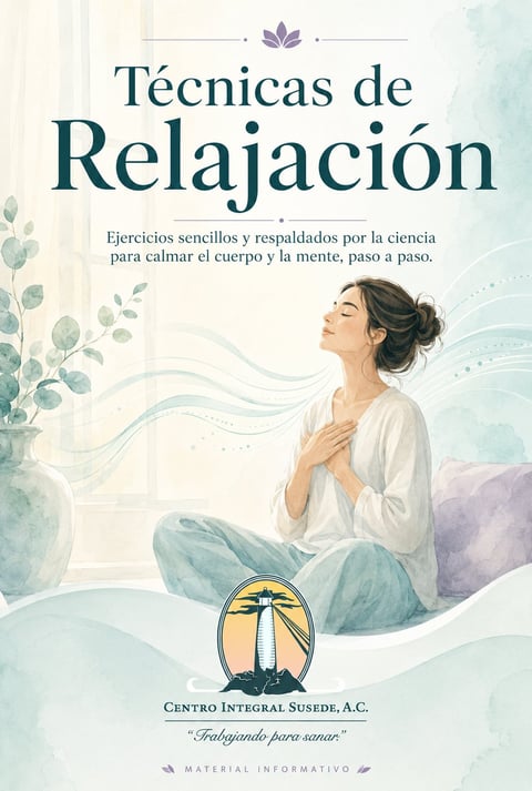 Book cover for Tecnicas de Relajacion showing a woman meditating peacefully in calm pastels with botanical elements and wellness branding