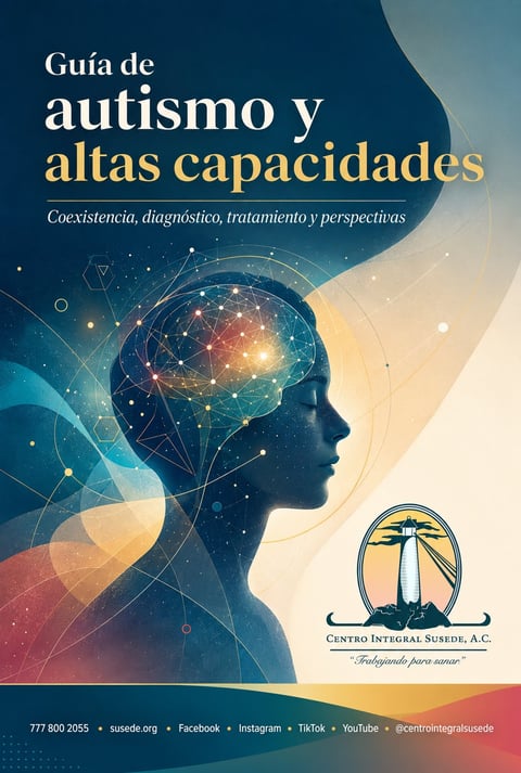 Spanish guide cover for autism and high abilities featuring a silhouette head with glowing neural network design and abstract colorful elements