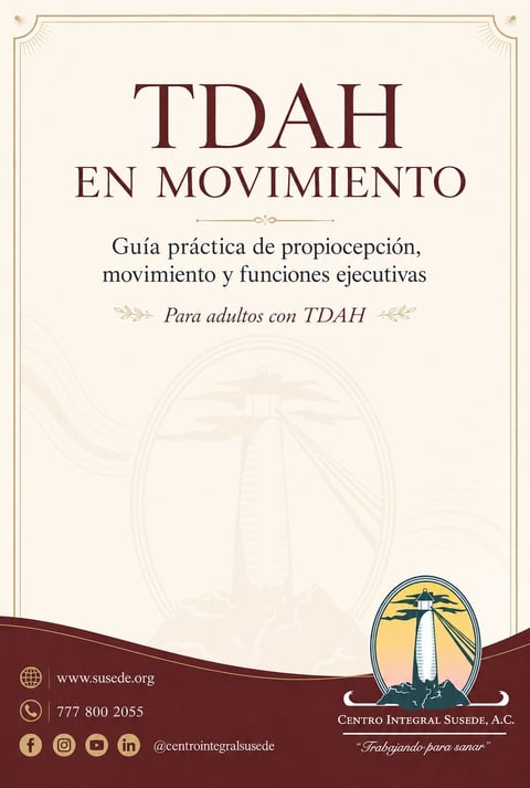 Spanish book cover for TDAH En Movimiento, a practical guide for adults with ADHD, with beige background and burgundy footer