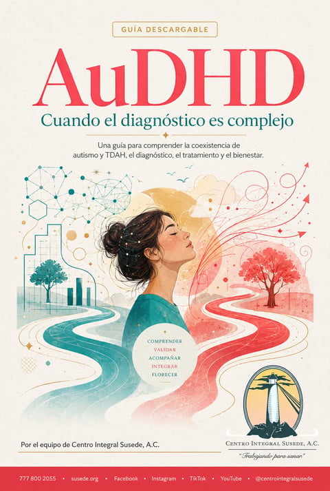 Spanish guide book cover about ADHD diagnosis featuring a womans profile with flowing blue and red abstract artwork representing autism and TDAH