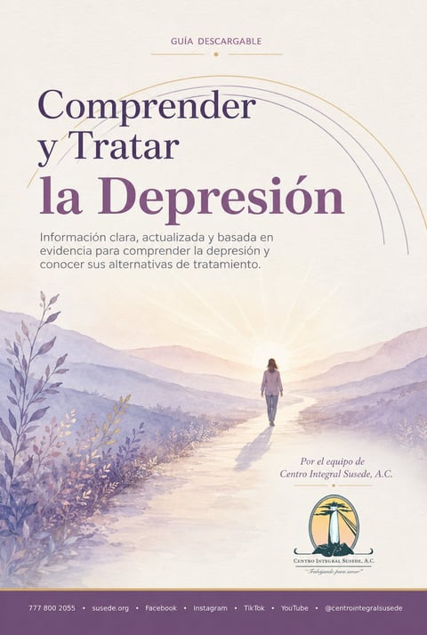 Spanish guide cover about understanding and treating depression, featuring a person walking through a serene landscape with mountains and wildflowers