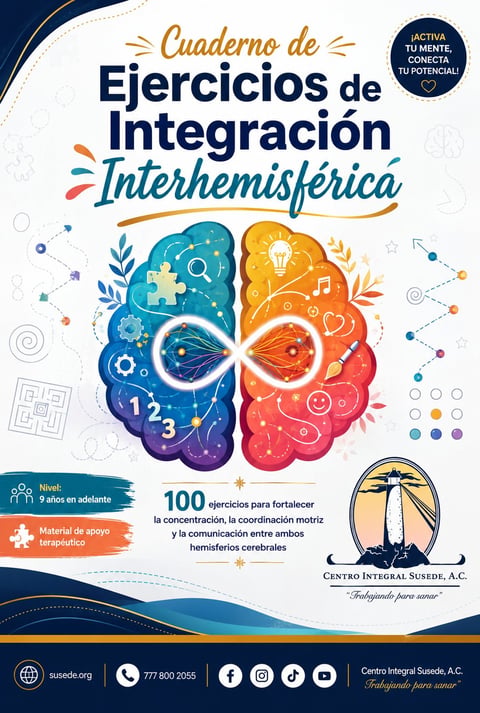 Spanish workbook cover showing colorful brain halves with icons, titled Ejercicios de Integración Interhemisférica for 100 concentration exercises