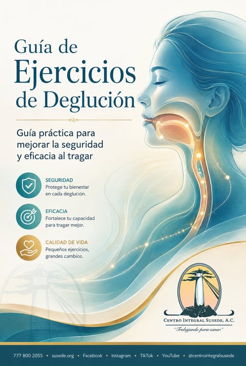 Spanish guide cover for swallowing exercises showing anatomical throat diagram with blue and orange gradient and three key benefit icons