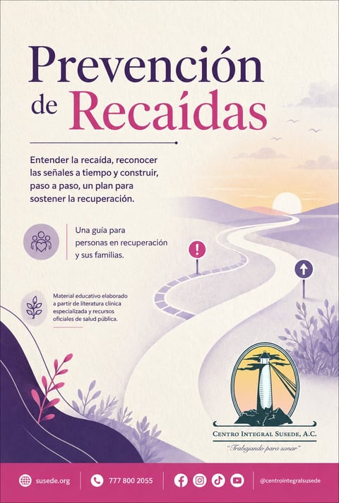 Spanish language guide titled Prevención de Recaídas about relapse prevention for people in recovery, featuring a winding path illustration and sunset landscape