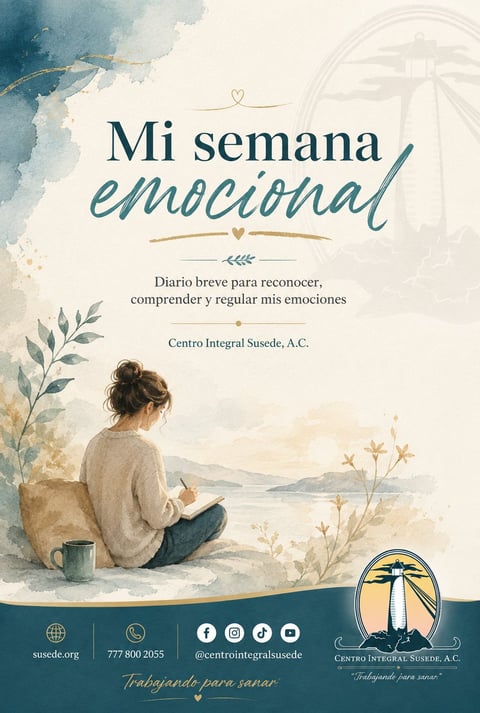A contemplative woman sits by water journaling. The poster promotes an emotional diary program called Mi semana emocional by Centro Integral Susede, A.C.