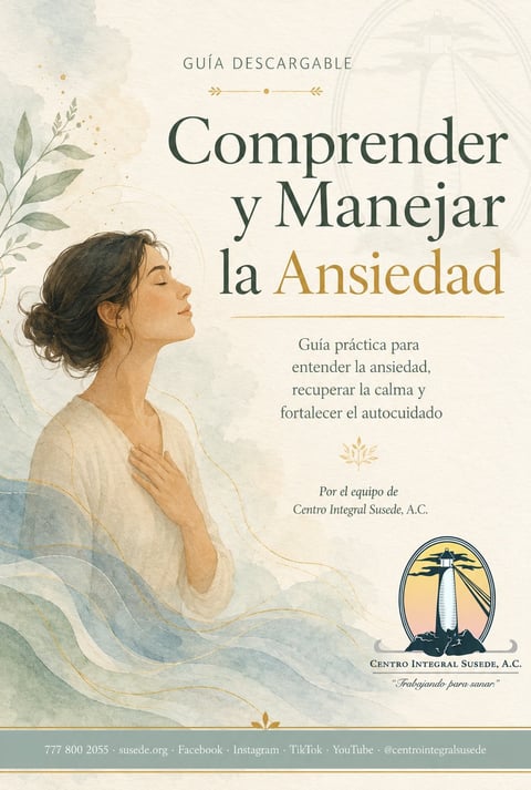 Book cover titled Comprender y Manejar la Ansiedad featuring an illustration of a serene woman in profile against watercolor flourishes
